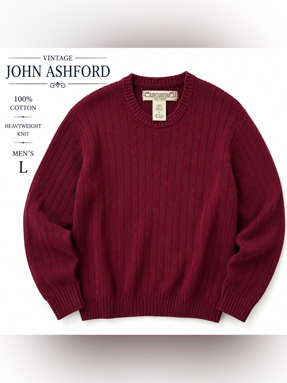 Vintage John Ashford 100% Cotton Burgundy Rib Knit Sweater Men’s L